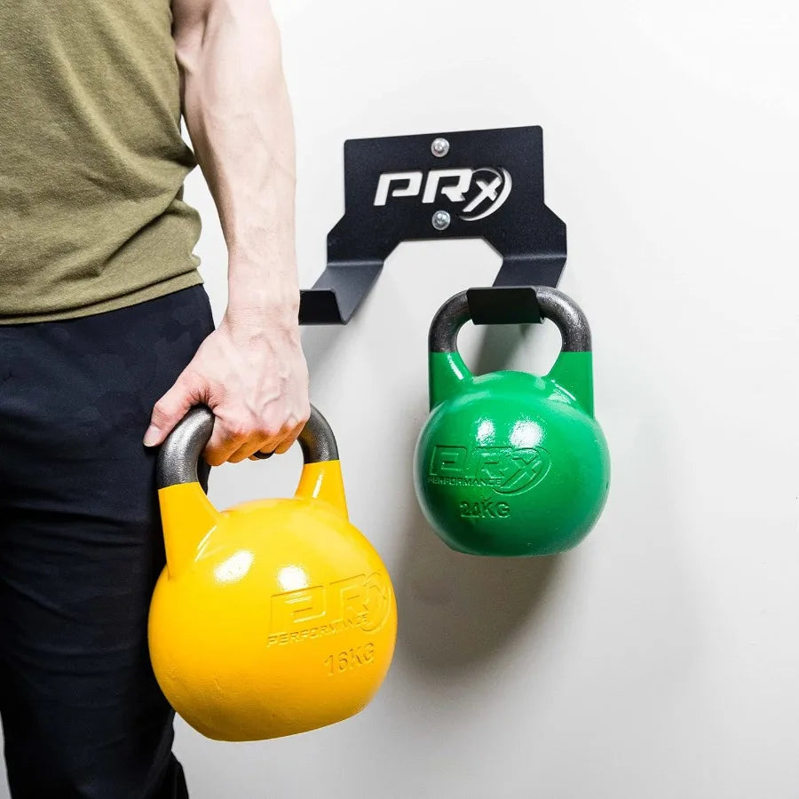 Double Kettlebell Storage Holder, USA Made Steel Wall Mounted 2 Kettle Bell Home Gym Space Saving Fitness Equipment Hanger Heavy