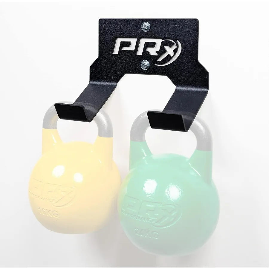 Double Kettlebell Storage Holder, USA Made Steel Wall Mounted 2 Kettle Bell Home Gym Space Saving Fitness Equipment Hanger Heavy