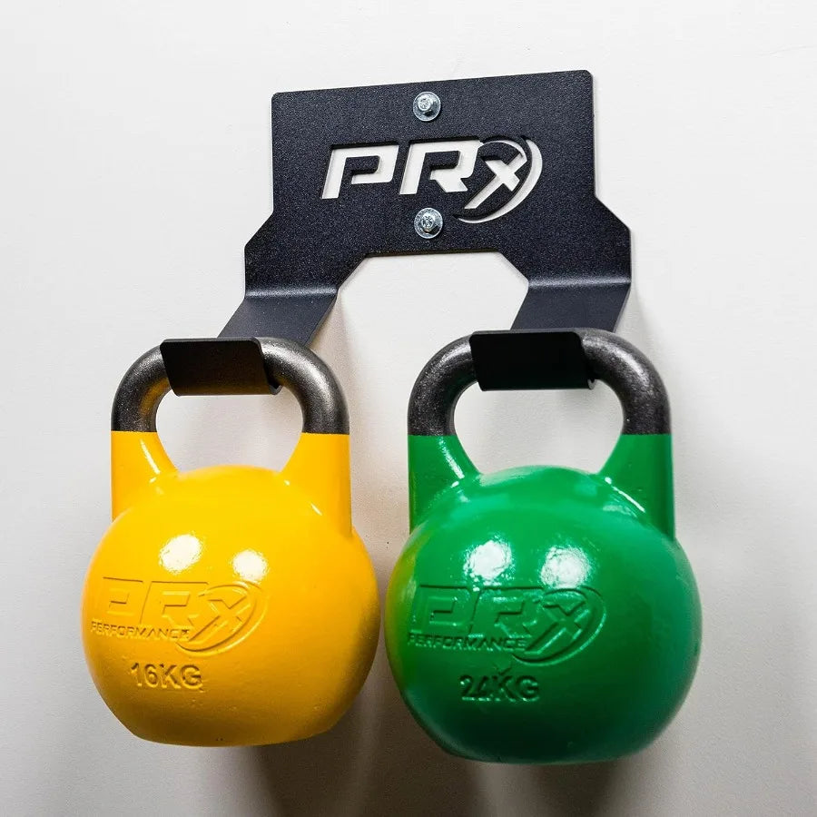 Double Kettlebell Storage Holder, USA Made Steel Wall Mounted 2 Kettle Bell Home Gym Space Saving Fitness Equipment Hanger Heavy