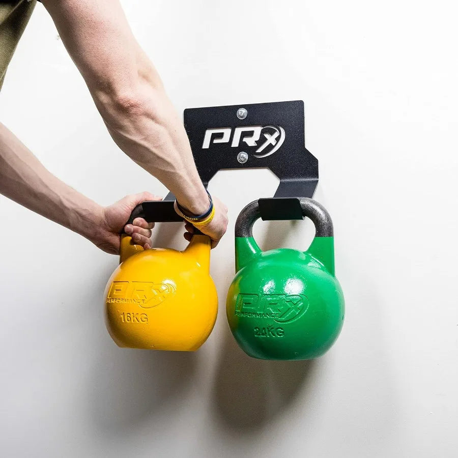 Double Kettlebell Storage Holder, USA Made Steel Wall Mounted 2 Kettle Bell Home Gym Space Saving Fitness Equipment Hanger Heavy
